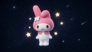 粉紅色兔子角色在星空夜空中漂浮，伴有閃爍星星