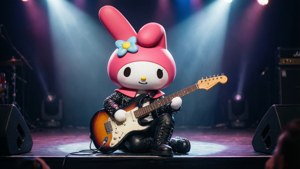 My Melody 在燈光璀璨的音樂會舞台上彈結他。