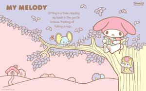 My Melody 在粉彩風景中與朋友在樹上讀書。