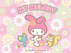 My Melody兔子與老鼠和松鼠喺花卉背景上手持鮮花