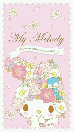 My Melody 白兔戴花冠和藍色小鳥在粉紅背景上