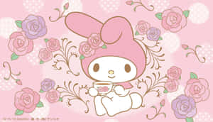 My Melody 在粉紅色和紫色玫瑰中手持茶杯。