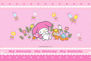 My Melody 和動物朋友們在花卉粉紅色牆紙場景中。