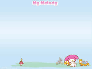 My Melody 和動物朋友們坐在藍天下的草地上。
