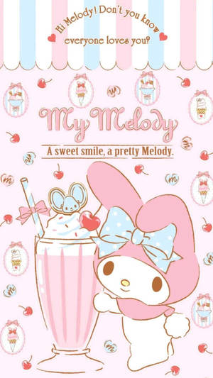 My Melody 兔子拿著櫻桃奶昔，背景為粉彩。