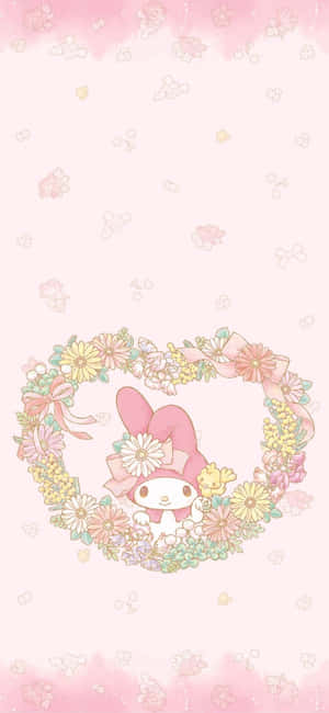 My Melody在粉紅色背景上的花卉心形花環中。