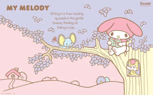My Melody 在樹上看書，有落葉和遠處的小房子。
