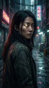 發光眼睛的女性在雨中霓虹小巷穿著皮夾克