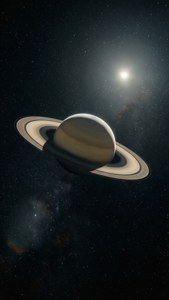 土星帶有光環，被遙遠的太陽照亮，在繁星點點的宇宙空間中