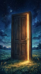 一扇木門在田野中微微打開，星空下散發出溫暖的光。