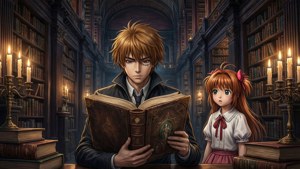 一個男孩正在閱讀一本大書，而一個紅絲帶女孩在燭光圖書館中觀看。