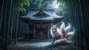 一隻發光嘅九尾狐喺月光照耀嘅竹林入面嘅神社前面坐低。
