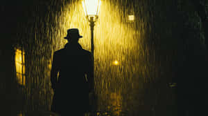 戴著紳士帽和風衣的男人在夜晚的雨中站在發光的路燈下