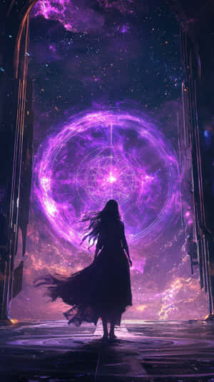 一個穿著長袍的人的剪影，面向未來房間中發光的紫色宇宙傳送門。