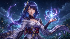 藍髮動漫法師穿著紫色長袍在星空下召喚發光宇宙能量