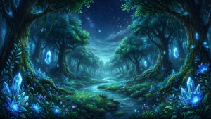 星空夜晚下，帶有發光藍色水晶和花朵的神秘森林。