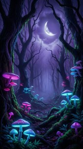 新月下黑暗魔法森林中發光的蘑菇。