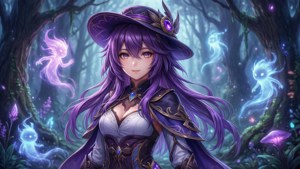 一位紫髮女巫穿著深色長袍，站在發光的魔法森林中，有漂浮的幽靈和發光的蘑菇。