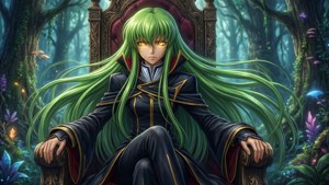 綠色頭髮、發著光芒眼睛的動漫角色坐在魔法森林的王座上。