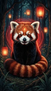 一隻眼睛發光的紅熊貓坐在被懸掛燈籠照亮的森林中。