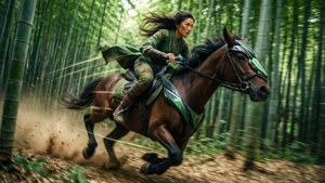 一名身穿綠色盔甲的女子騎著棕色馬匹高速穿過竹林。