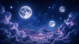 三顆月亮在星空下照耀在紫色雲海之上。