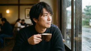 男人拿着咖啡杯望着雨窗外