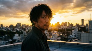 男人在屋頂上看著夕陽下的城市
