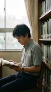 男人在寧靜的圖書館窗邊看書。