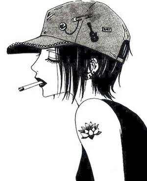 側面抽煙的動漫女孩，帶有蓮花紋身和裝飾帽子。 — Galaxy Z Fold 5 壁紙