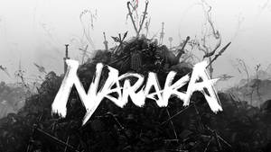 單色戰場場景，盔甲和武器高高堆疊在「Naraka」一詞下方。 — 武士Champloo 壁紙