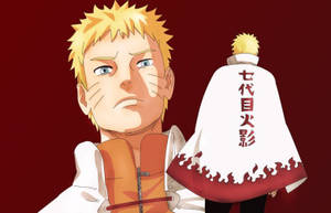 Naruto Uzumaki in his Hokage robe with the title written on the back.