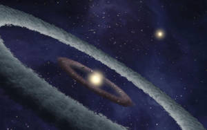 一個發光的宇宙環繞著一顆明亮的恆星，在佈滿星星的星雲中。