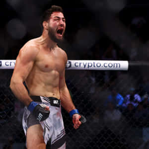 MMA拳手在八角籠中慶祝勝利，短褲上有血跡。