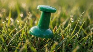 一枚綠色圖釘嵌入草地，露珠在陽光下閃爍。