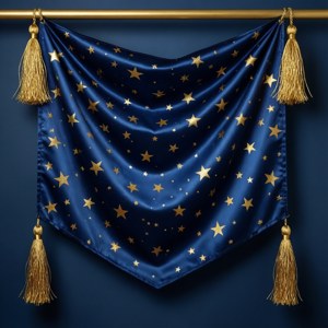 海軍藍色緞面窗簾，帶有金色星星和流蘇，掛在金色桿上。