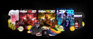 NBA 2K20 遊戲封面及相關商品，如球衣和運動鞋。