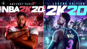 NBA 2K20電子遊戲封面， featuring 安東尼·戴維斯和德維恩·韋德在城市環境中。