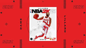 NBA 2K21 電子遊戲封面，展示 Damian Lillard 身穿拓荒者隊球衣的動作場面。