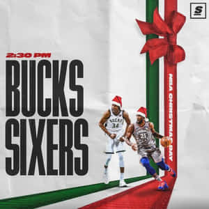 兩名戴聖誕帽的NBA籃球運動員在紅絲帶跑道上準備聖誕節比賽。