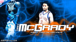 Tracy McGrady 身穿紐約尼克隊球衣，帶有籃球動作和肖像圖形。