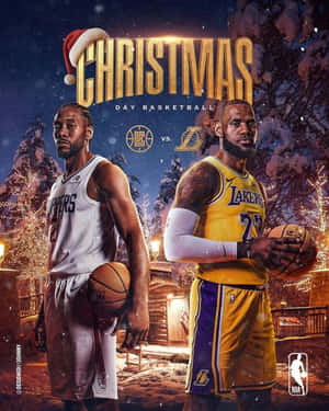兩名NBA籃球運動員穿著冬季裝備，在雪地節日場景中手持籃球。
