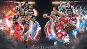 NBA籃球運動員以動態姿勢呈現，帶有火焰與冰霜能量效果。