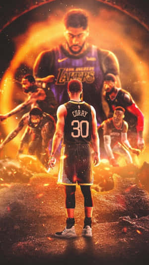 身穿黑色Curry 30球衣的籃球運動員面向發光金色傳送門，湖人隊球員從中出現。