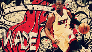 Dwyane Wade 身穿邁阿密熱火球衣在塗鴉背景前運球。