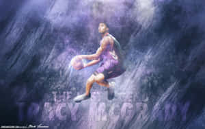 Tracy McGrady 在半空中運球，背景是宇宙紫色。