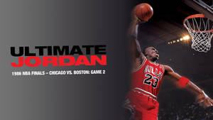 米高佐敦在1986年NBA總決賽中穿著紅色公牛隊球衣空中入樽。 — Jordan 標誌 GIF 壁紙