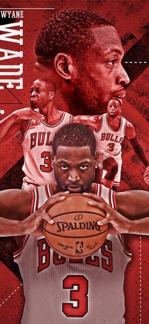 Dwyane Wade身穿芝加哥公牛隊球衣，手持籃球，背後有多張動作照片重疊。