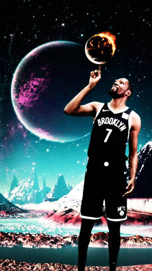 籃球運動員在科幻外星景觀中平衡一個燃燒的地球。