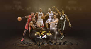 NBA 總決賽籃球運動員在木製球場上以動態動作姿勢。